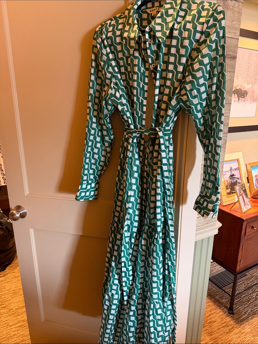 Boden Green and White Geometric Maxi Shirt Dress